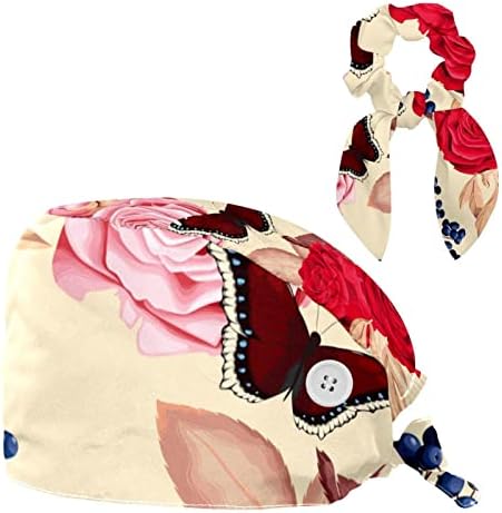 Работни Шапки с папийонка и Червено-Розови цветя Рози, Завязывающиеся отзад Копчета, Шапки с Ластик за коса Sweatband и Bow