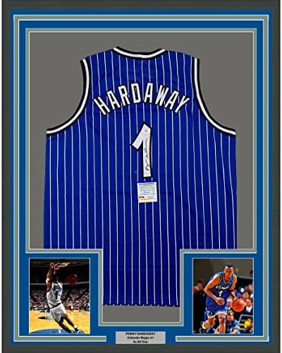 Баскетболно майк Anfernee Penny Hardaway 33x42 в Синята лента в Рамка с Автограф /с подпис на Orlando PSA/ DNA