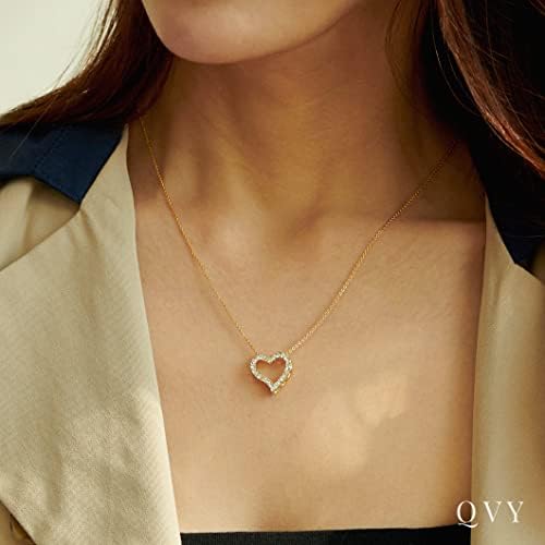 QVY Странично Колие със Сърце за Жените, 14, Позлатени Кубичен Цирконий, Колие с Отворена Отложено във формата