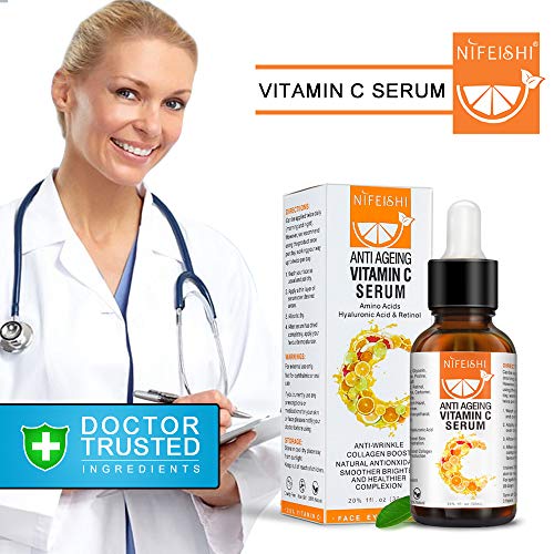 Премиальная 20% Серум с витамин С за лице с хиалуронова киселина, ретинол и аминокиселини - Повишава производството на колаген в кожата, Изсветлява, хидратира и прид?