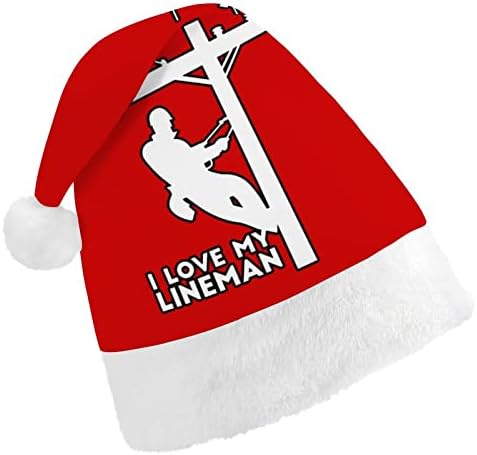 I Love My Lineman Коледна Шапка на Дядо Коледа Шапки и Къси Плюшени с Бели Ръкавели за Мъже Жени Коледна Украса