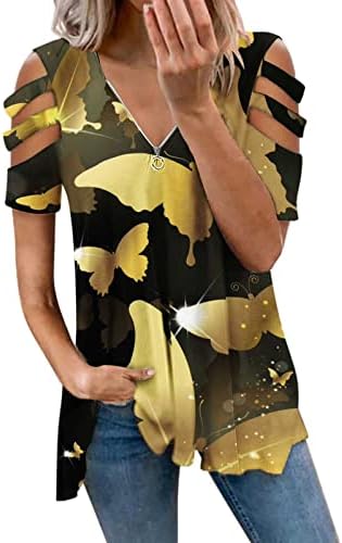 Дамски Ежедневни Тениска Y2k с Флорални принтом в Ретро стил, с цип, V-Образно Деколте, Къс Ръкав, Открита Тениска