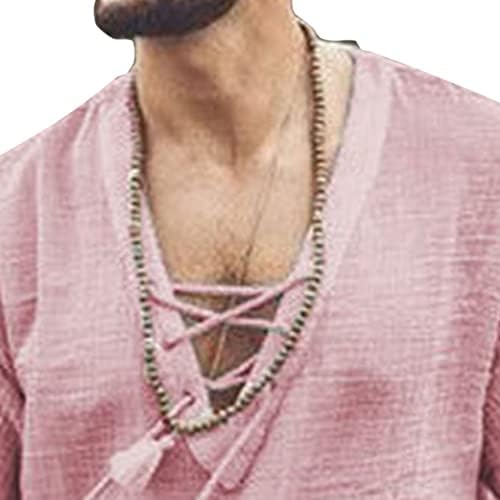 Мъжки Модни и Ежедневни Памучен Бельо Тениска, Плажна Тениска с V-образно деколте и завязками в стил Хипи, Обикновена
