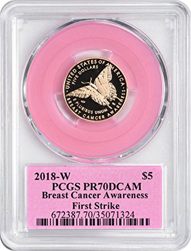 2018-Паметен знак W Breast Cancer Awareness стойност 5 златни долара PR70DCAM First Strike PCGS (знак на осведомеността