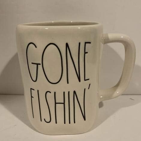 Чаша Rae Dunn GONE FISHIN за кафе, Чай И Какао - Слонова кост - Риболов - Подарък на баща ми-Рыбаку - Керамика