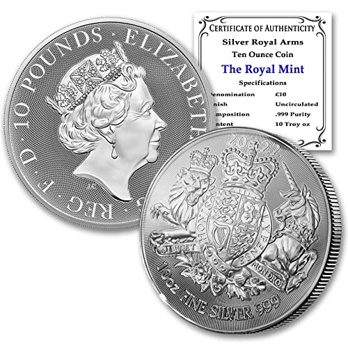 Британската сребърна монета Royal Arms обем 2022 gb 10 унции, Брилянт, без да се прибягва, със сертификат за автентичността на £10 на БУ
