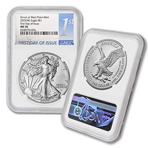 2022 (W) 1 унция American Silver Eagle MS-70 (Първия ден на издаване - отчеканен на монетния двор на Уест-Пойнта)