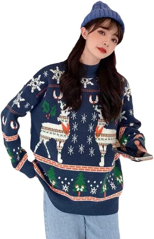 Дамски Пуловер с кръгло деколте и Коледни Снежинками от Лосове, Есенно-Зимни Ежедневните Свободни Възли Блузи