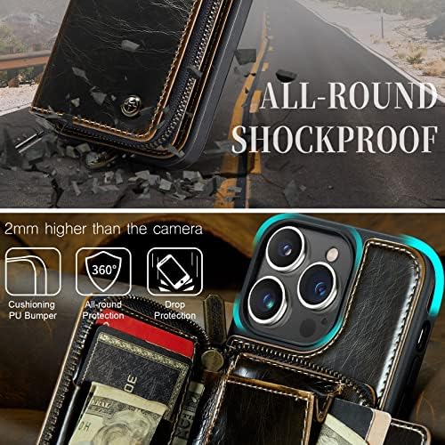 Чанта-портфейл DTRAIN, съвместим с iPhone 14 Pro Max, Флип калъф от изкуствена кожа с каишка-напульсником, RFID-притежател