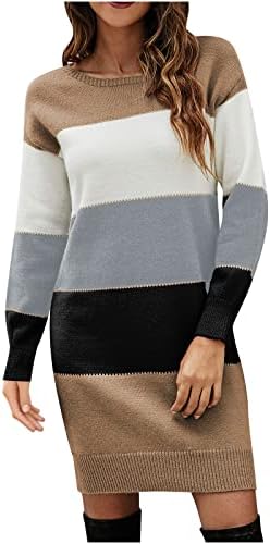 HgNAY Женствена Рокля-Пуловер с дълъг ръкав от Цветен Блок 2022, Модни Ежедневните Свободни Разтеглив, Зимни