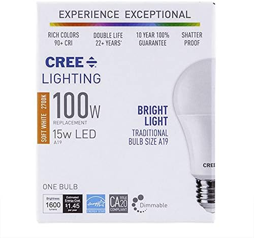Led крушка Cree Lighting A19 мощност 100 W, 1600 лумена, с регулируема яркост, Мек Бял 2700 К, Номинален срок