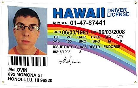 Банер с фалшива лична карта McLovin (3 x 5 фута), Фалшив Флаг с водительскими права и Една картичка с водительскими