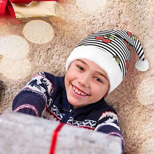 Плюшен коледна шапка с череши и ивици, палави и сладки шапки на Дядо Коледа с плюшени полета и удобна подплата,