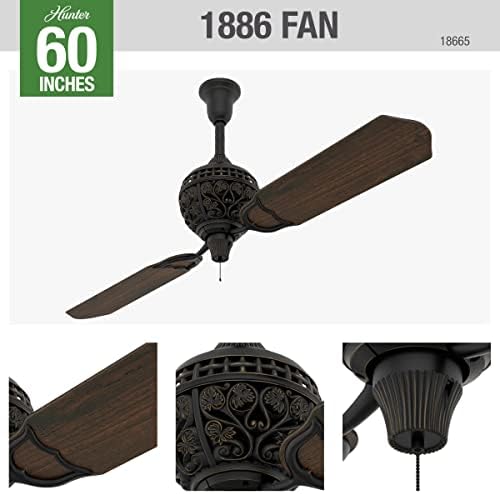 Хънтър Фен Company 18865 вентилатор на Тавана за помещения с ограничена серия Хънтър 1886 с възможност за Регулиране на Натяжной верига, 60 см, Мидас Черен