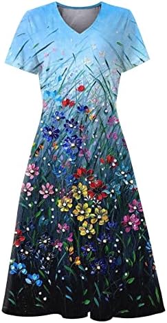 AIZONGK Женски рокли на бретелях големи размери с V-образно деколте, къс ръкав, бохемски цветисти принтом, голям