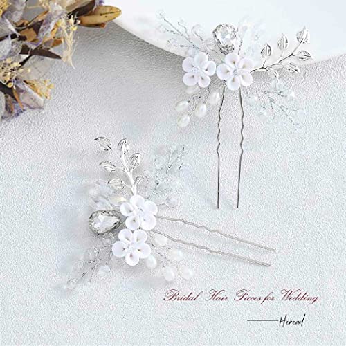 Heread Сватбени щипки за коса на булката с цветя, сребърни кристали, сватбени накити за косата, перлени аксесоари