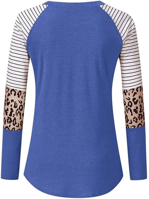 Дамски Блузи с дълъг ръкав, Есенно-Зимните Модни Върхове в ивица с Леопардовым принтом и кръгло деколте, плътно